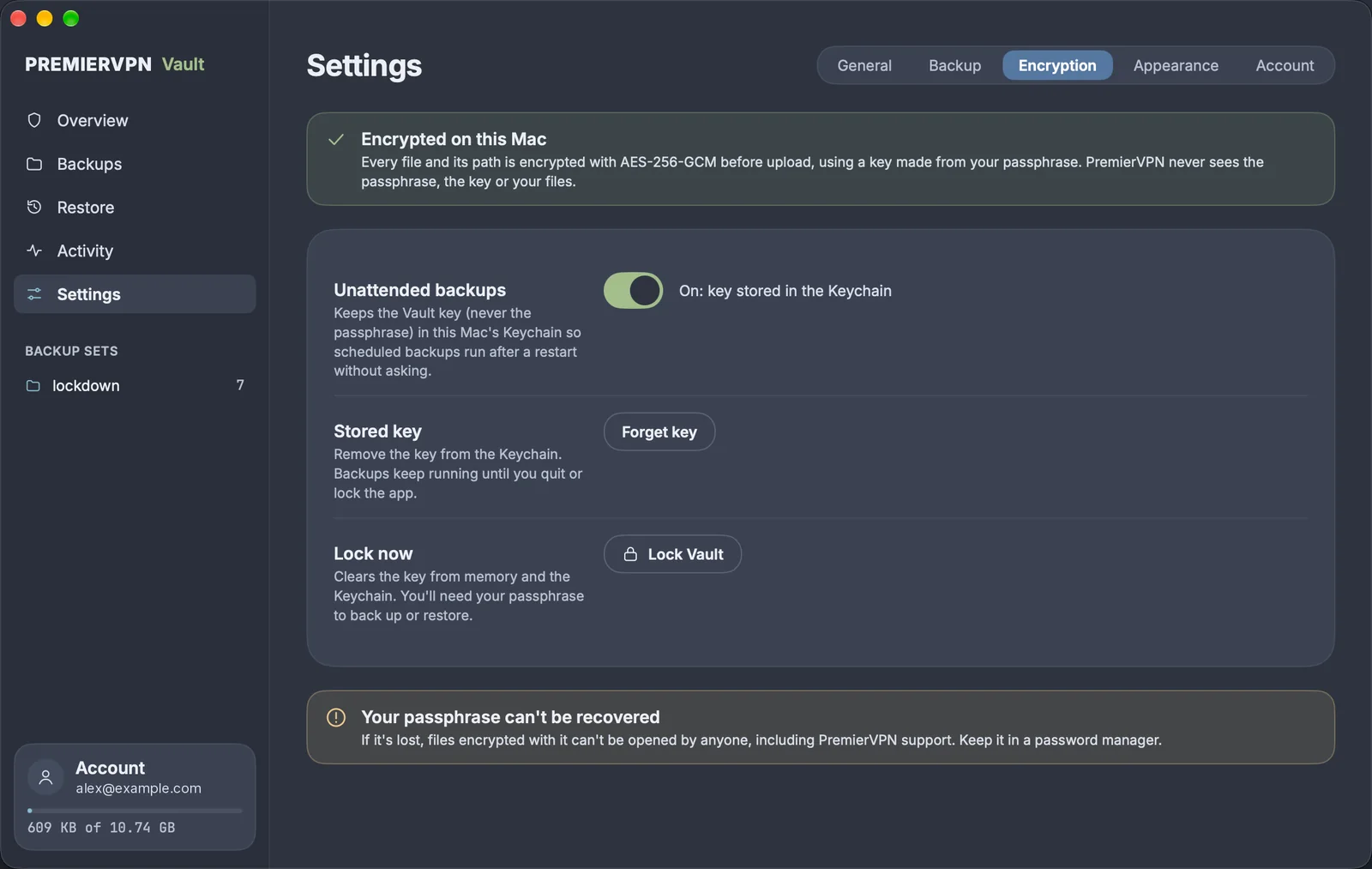 Settings, Encryption: Encrypted on this Mac, unattended backups on with the key stored in the Keychain, Forget key, Lock Vault, and a reminder that the passphrase can't be recovered