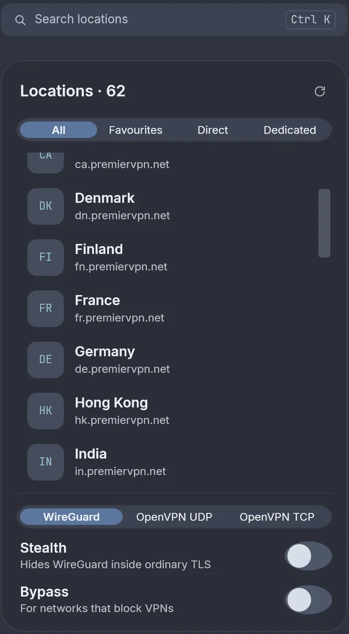 Locations panel with a search box, All, Favourites, Direct and Dedicated tabs, a list of countries, the WireGuard, OpenVPN UDP and OpenVPN TCP switch, and Stealth and Bypass switches