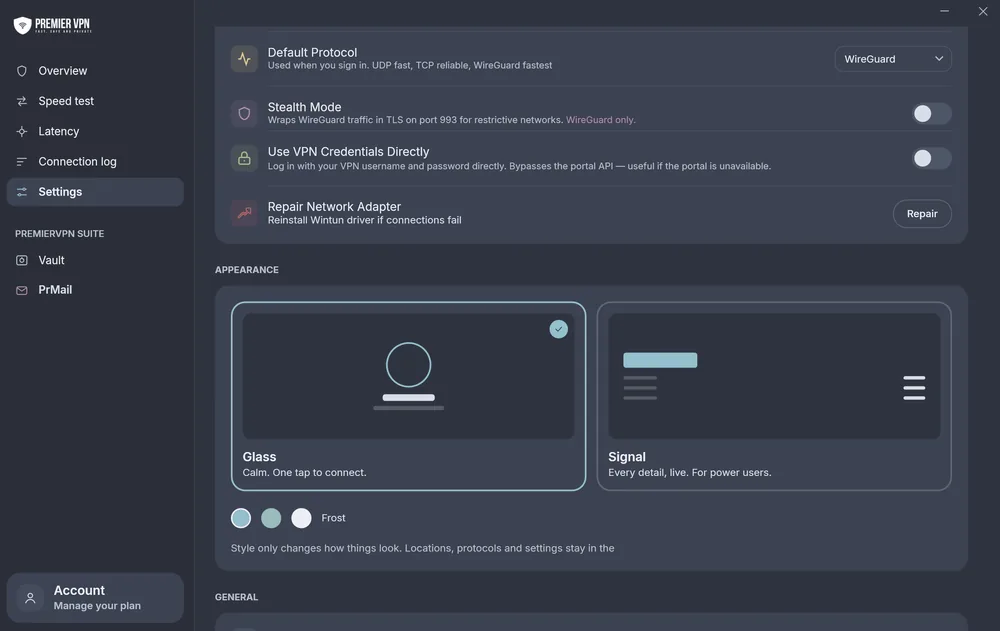 Settings, Appearance section with the Glass and Signal styles and accent colours, below Default Protocol, Stealth Mode, Use VPN Credentials Directly and Repair Network Adapter