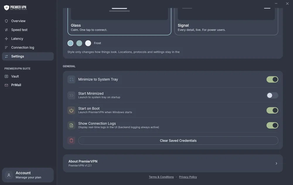 Settings, General section: Minimize to System Tray, Start Minimized, Start on Boot, Show Connection Logs and Clear Saved Credentials