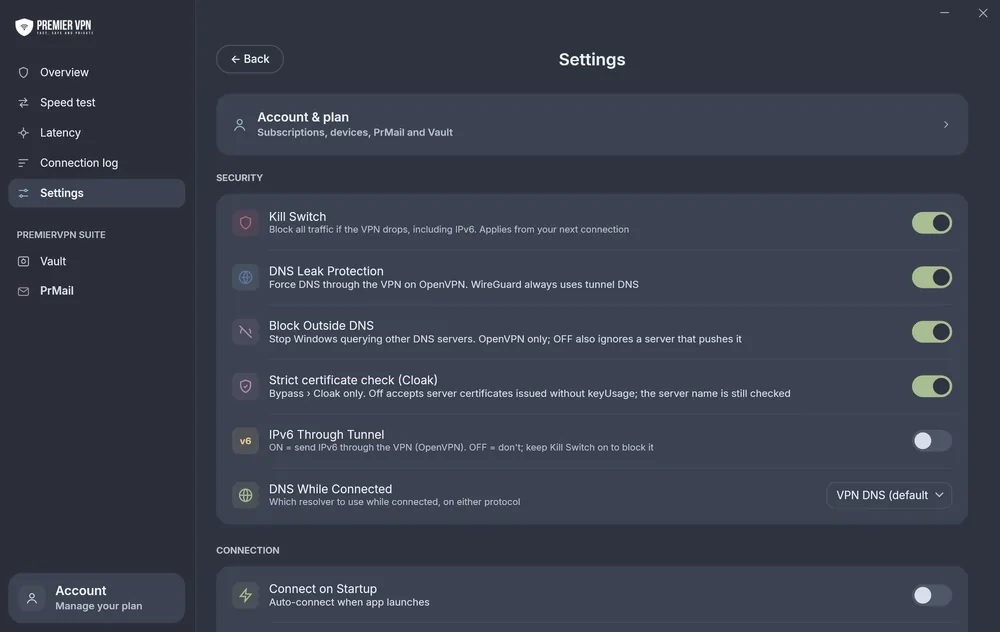 Settings, Security section: Kill Switch, DNS Leak Protection, Block Outside DNS, Strict certificate check for Cloak, IPv6 Through Tunnel and DNS While Connected