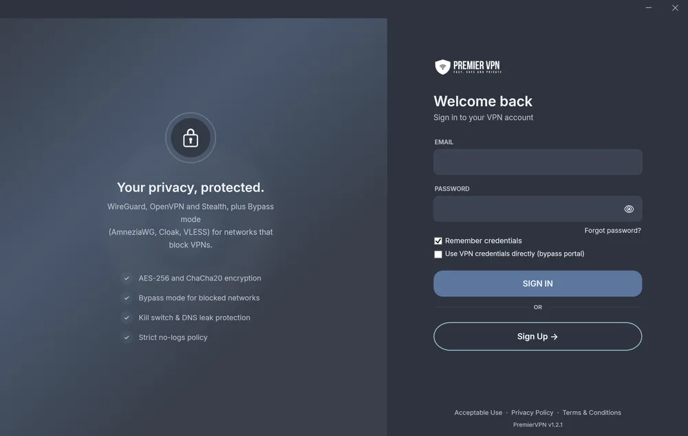 PremierVPN for Windows sign-in screen: Welcome back, with email, password, Remember credentials and Sign up